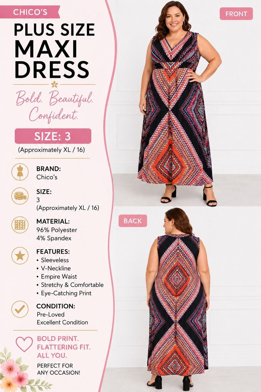 Chico’s Maxi Dress Size 3 XL 16 18 Sleeveless Geometric Abstract Empire Waist